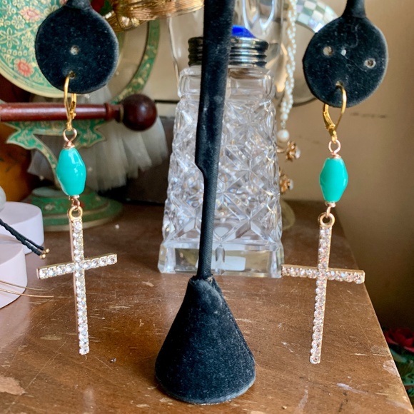 Handmade Crystal & Vint. Aqua Glass Bead Earrings - Picture 11 of 11